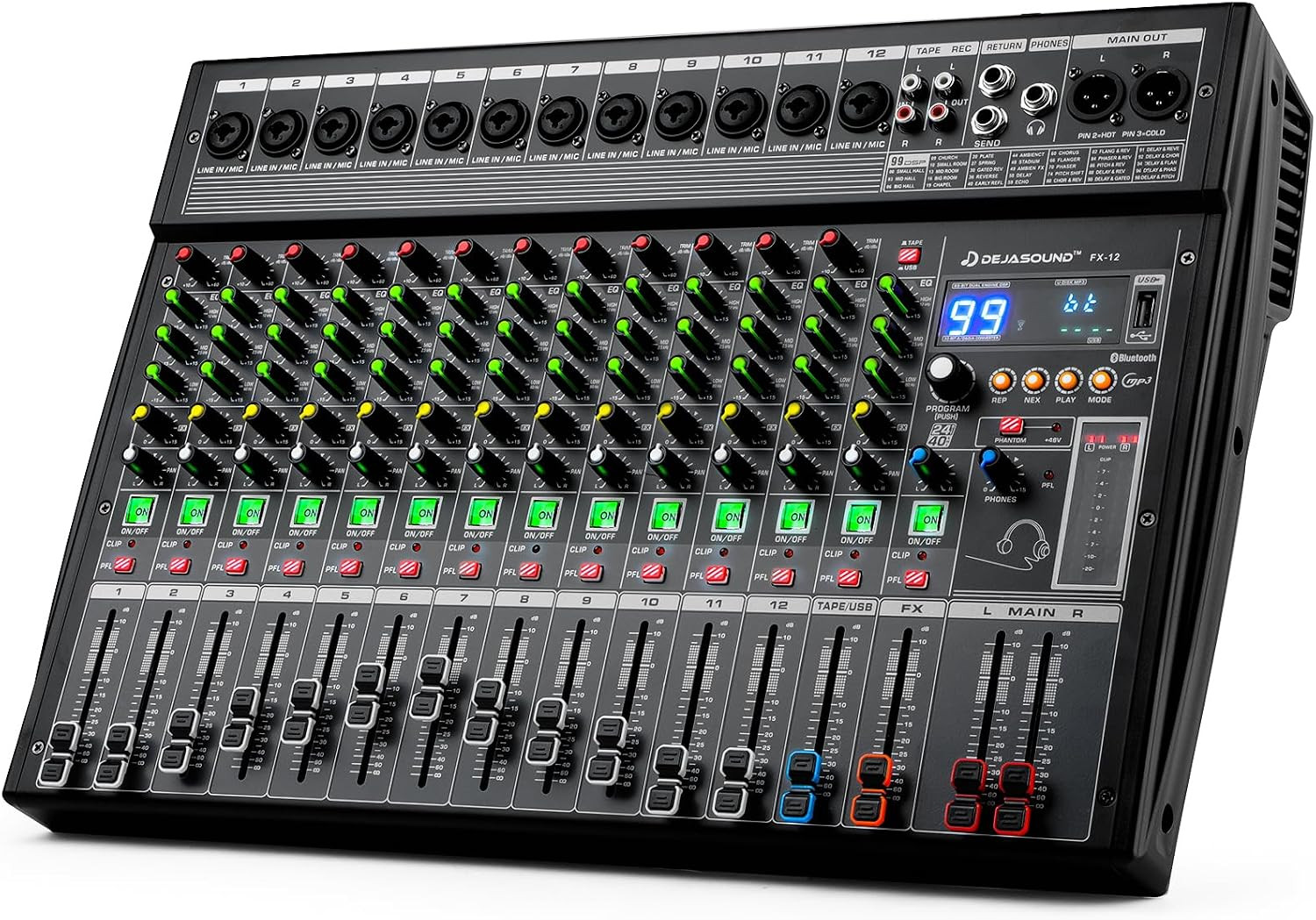 12-Channel Professional Audio Mixer, Fx-12Usb Mixing Console with XLR Inputs, Bl