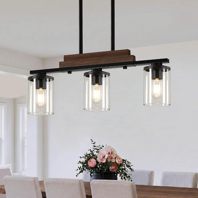 Farmhouse 3-Light Black Linear Chandelier with Adjustable Height & Glass Shades