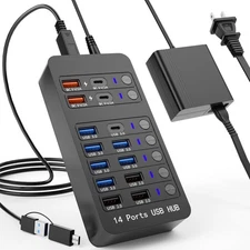Powered USB Hub, 14 Ports USB Splitter Hub (10 Faster Data Transfer Ports+ 4 ...