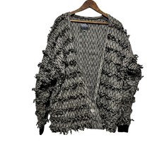 Vintage 80s Paula Sweet Muslin Mink Cardigan Gray black stripe fringe size Large