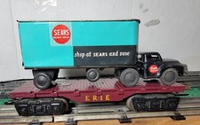 Marx Erie flat car with Sears Truck And trailer. Red Button Rare Truck Intact