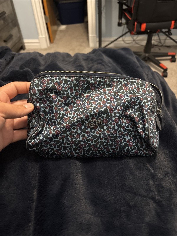 Coach Blue Floral Design With Zipper Biggest Cosmetic Bag