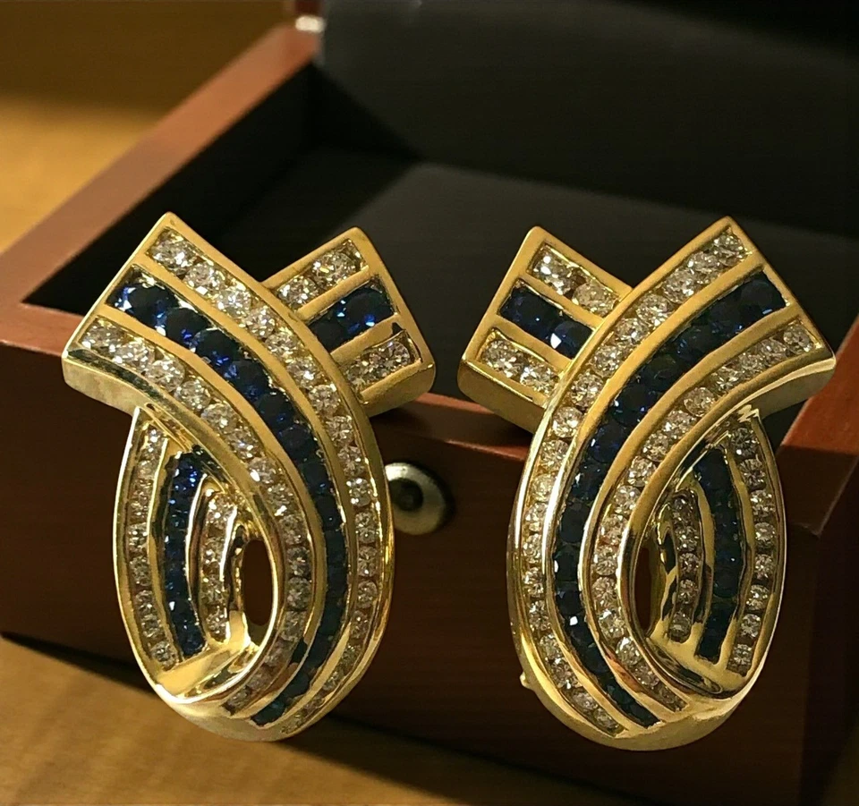 14K Yellow Gold Diamond & Blue Sapphire Ribbon Earrings Vintage Design, 3Ct - Image 2 of 4