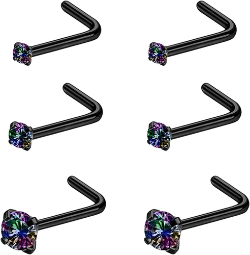 4-6Pcs 20G Nose Rings Studs Surgical Steel Nose Rings CZ L Shaped Corkscrew N...