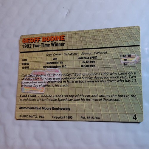 * 1993 #4 Action Packed Race card Geoff Bodine / Motorcraft #15 - Picture 7 of 8