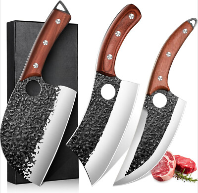 Butcher's Knife Set for Meat Processing, 3-Piece High Carbon Steel Chopper Set