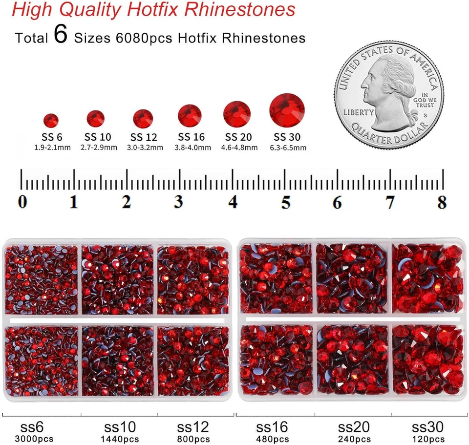 Hotfix Rhinestones, 6080PCS Light Red Rhinestones for Clothes Crafts Mixed 6 Siz - Image 4 of 4