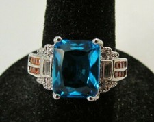 925 Sterling Silver Blue Stone Ring Size 6 Orange Clear Accents