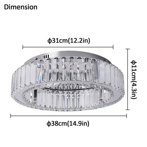 14.9inch Crystal Dimmable Chandelier Round LED Ceiling Light Bedroom Lamp Remote - Picture 8 of 12