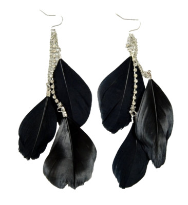 New Pair of Classic Black Authentic 3 Feather Earrings with Rhinestones #E1157