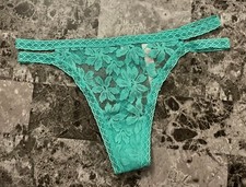 NWT VICTORIA'S SECRET PINK TEAL GREEN FLORAL LACE DOUBLE STRAPPY THONG PANTIES