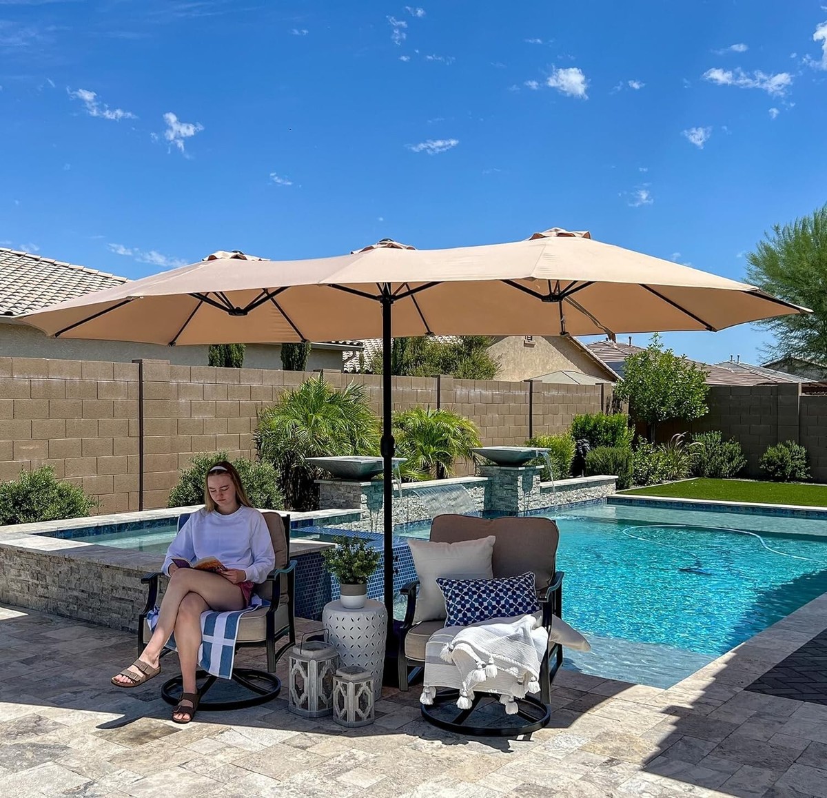 bronze pole patio umbrella California Umbrella GSPT908-117-5457 Bronze/Sunbrella/Sunflower Yellow 9' Aluminum Push Tilt Market Umbrella