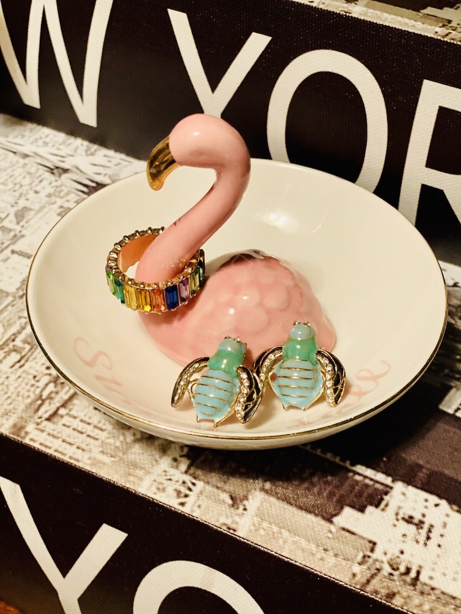 NIB Decorative Ceramic Pink-Gold-White Flamingo Ring Holder