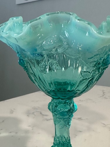 Fenton Teal Turquesa Opalescente Prensado Col Rosa Cuenco Colección - De Colección - Imagen 3 de 16