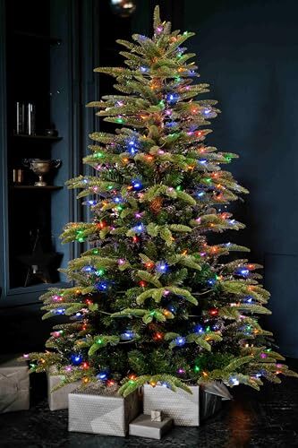 6.5ft Pre-Lit Christmas Tree With Multicolor LED Lights | Realistic Spruce Artificial Tree | Foldable Metal Stand For Easy Assembly