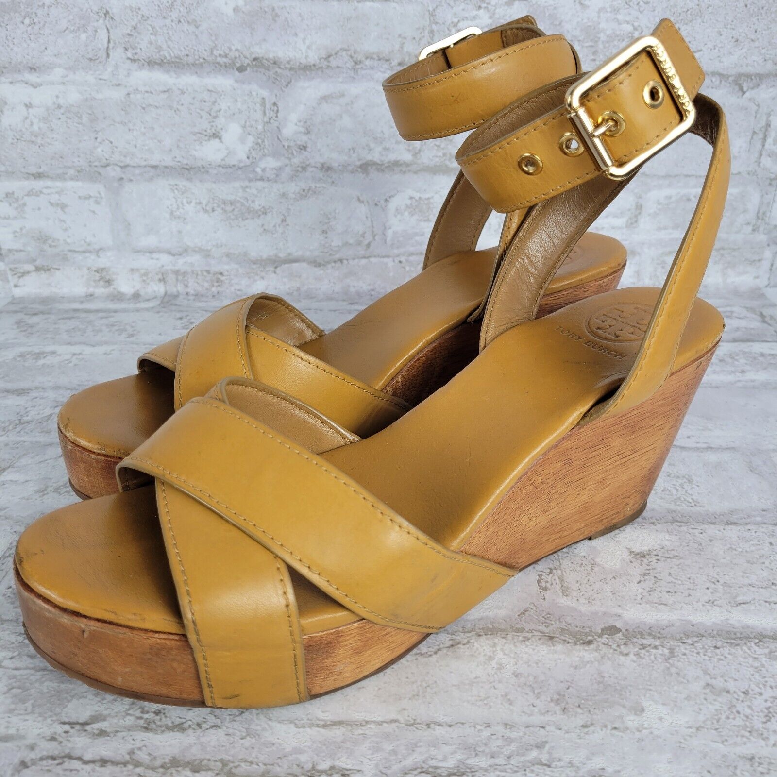 Tory Burch Almita Royal Tan Brown Leather Wedge Sandals Wood Platform Size   | eBay