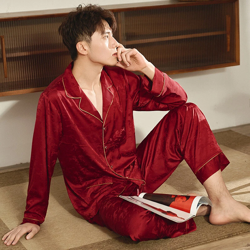 Mens Plain Poly Satin Silk Pajama Set Pyjamas Traditional Solid
