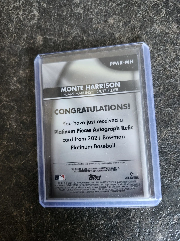 2021 Bowman Platinum Auto Jersey Rookie 37/99 Monte Harrison Card# PPAR-MH - Image 2 of 2