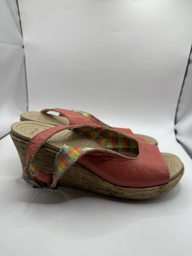 Crocs A Leigh Women's Size 8 Tangerine Leather Cork Wedge Slingback Sandals - Picture 2 of 11