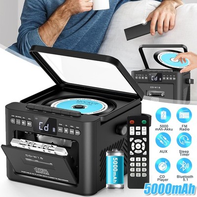 CD Player Tragbar Boombox Kassettenspieler mit FM Radio Bluetooth 5.1 5000Mah