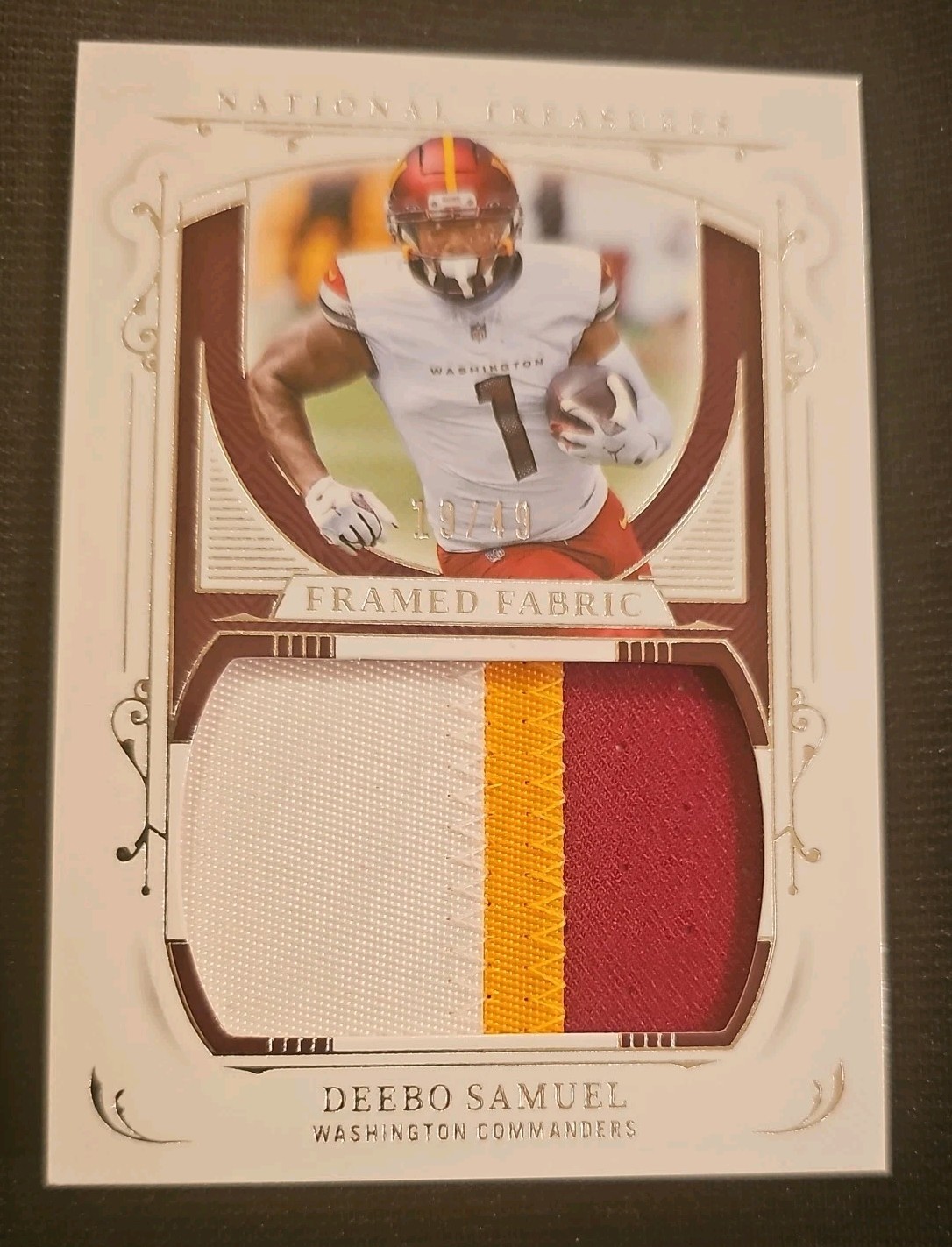 DEEBO SAMUEL 2025 NATIONAL TREASURES SILVER FRAMED FABRIC PATCH JERSEY #  19/49