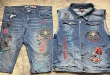 Black Pike Vest Jeans Set Mens Blue Denim Ace Spades Money Don’t Lie Embroidered