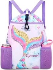 RHCPFOVR Mermaid Swim Bags for Kids - Drawstring Backpack Girls 