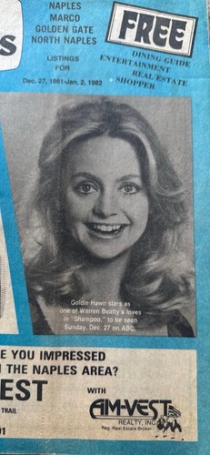 TV Facts Dec 1981- Jan 1982 Featuring Goldie Hawn Magazine Naples Florida Ads - Imagen 3 de 7
