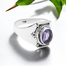 Crown Chakra Oval Amethyst Gemstone 925 Silver Bezel Statement Boho Ring Jewelry