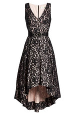 Eliza J Crystal Belted Lace High/Low Black/Blush Holiday Dress SZ 4