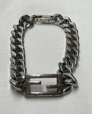 FENDI FF Logo Curb Chain Bracelet Silver Tone Made in Italy 7.9in Unisex