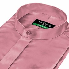 Men Rose Pink Silk Satin Band Collar Shirt Covered Placket Luxury Mandarin Dress