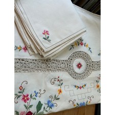 VTG Large Hand Embroidery Floral Linen-Cotton Tablecloth 12 Napkin Set Unused