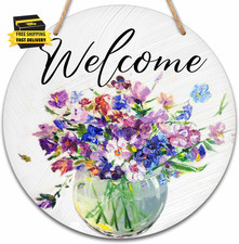 Welcome Sign for Front Door, Spring round Hanging Sign with Rope, Floral Wall De