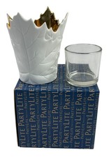 PARTYLITE Forest Leaves Votive Candle Holder White Gold P92824 BNIB 10 cm