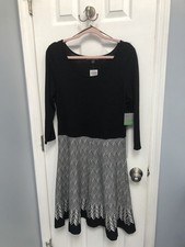 Danny & Nicole Black White Geometric Knit Sweater Dress Fit Flare Scoop L NWT