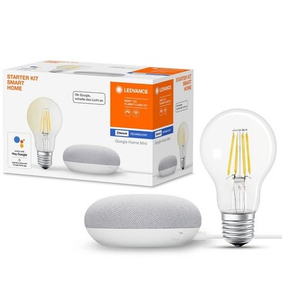 Google Home Mini Smart Home Starter Kit Weiß LED A60 Filament dimmbar Bluetooth