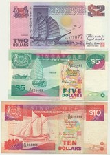 Singapore: (1988) $2, $5, $10 Boat Series 3 Note Set 