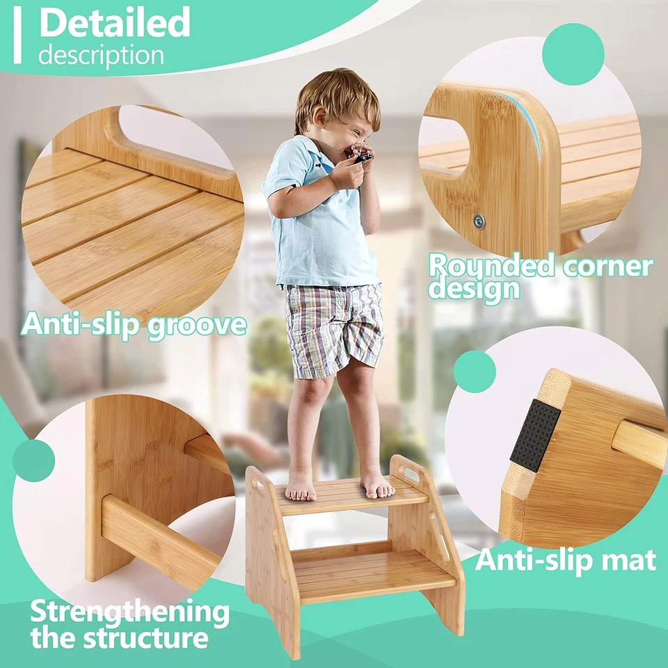 Wooden Step Stool, Two Step Stools Toddler 300 Lbs Capacity with Safety Non-Slip - Image 3 of 4