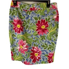 Talbots Sz 8 Petite Tropical Floral Cotton Pencil Skirt Knee Length Pink Green