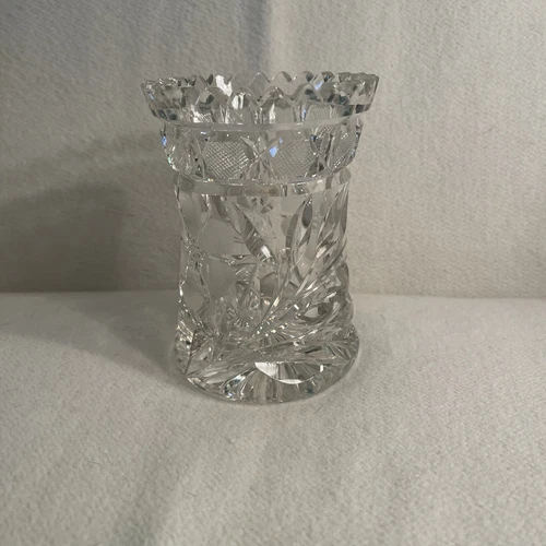  Vtg Heavy Cut Crystal Vase W/ Etched Floral & Sawtooth Rim