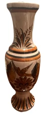 Vintage Mexican Tonala Pottery Signed V111  Vase w Florals & Bird Earth Tones