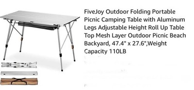 FiveJoy Outdoor Portable Camping Table with Storage Bag Aluminum Legs  Adjustabl
