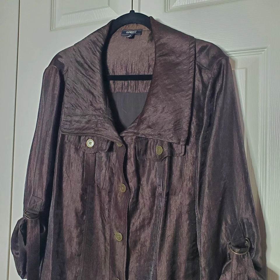 Elementz Shimmery Button-up Top Roll-up Sleeves Boxy Style Brown Size 2X - Image 2 of 4