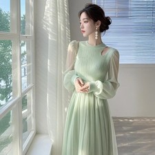 2026 Spring New French Luxury Womens Lace Mesh Sleeved Green Party Holiday Dress