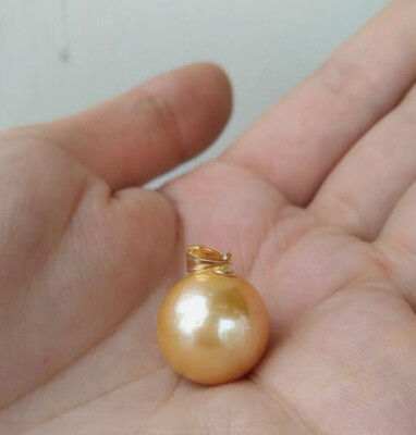 Huge AAA+ 13-14mm natural south sea golden round pearl pendant 14k ...