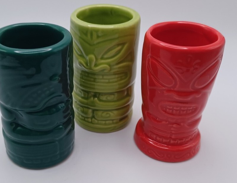 KC Co. LTD 3D Tiki Shot Glasses Set of 3 Red Light and Dark Green