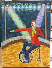 Oil on Canvas Clown Bike Trumpet Clown Oil Canvas Art Naif Signed