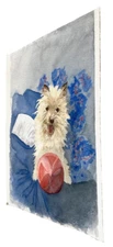 Vintage French Watercolor Pet Dog with Toy 1982 15" Original Painting Puppy 80s