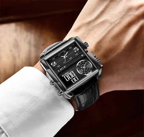 LIGE Herrenuhr Eckig Digital Sportuhren Marke Männlich Quarz Stahl Armbanduhr - Bild 13 von 33